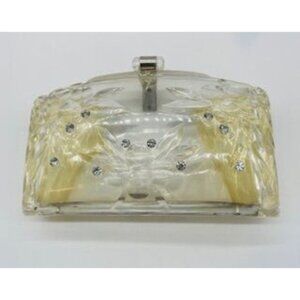 Vintage 1950s Clear Lucite Clutch Purse With Rhinestones & Etched Fruit, Mid-Cen